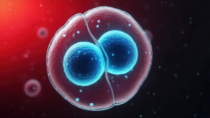 Fototapeta premium Stem cell division showing mitosis process with two blue nuclei inside a transparent cell membrane on a red and black background