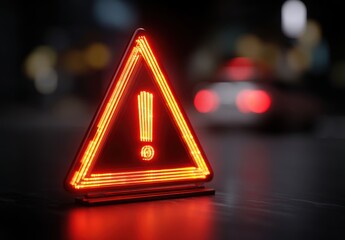 Glowing red warning sign on a dimly lit street at night, signaling caution.
