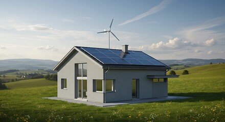 Obraz premium Solar Powered Home in Rural Setting with Wind Turbine Pioneering Sustainable Living Solutions for Modern Families