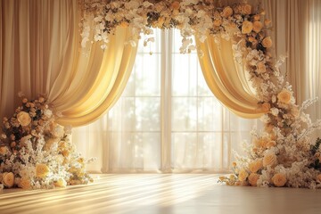 A sunlit room with flowing champagne-colored drapes and a floral archway.