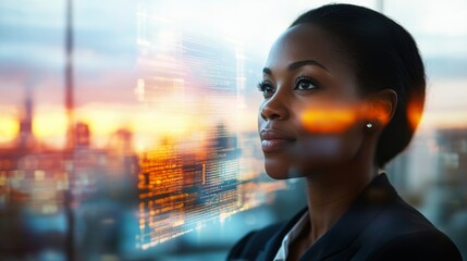 Confident Black executive woman gazes thoughtfully into the distance against a bustling urban skyline layered with digital business data at dusk