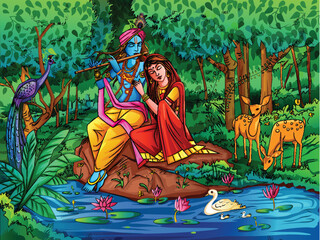 Vector design of Lord Krishna playing bansuri (flute) with Radha on Happy Janmashtami holiday festival background