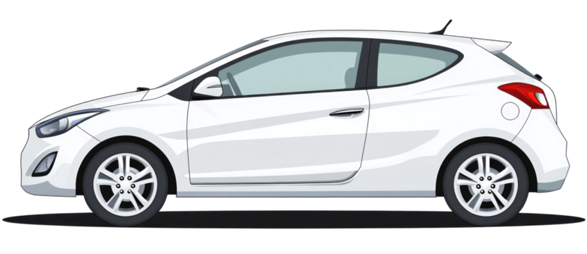 A sleek white compact car parked on a city street, showcasing its modern design against a bustling urban backdrop