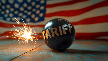 Tariff Bomb: A symbolic depiction of a tariff, embodied as a lit bomb against the backdrop of an American flag, sparks a compelling metaphor of economic challenges. Ai generative