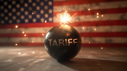 Tariff Bomb: A visual metaphor for the explosive impact of tariffs on a nation's economy, depicted by a sparking bomb against a backdrop of the American flag. AI generative
