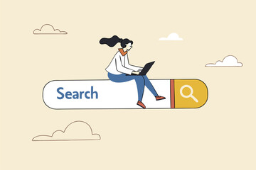 Search box, SEO search engine optimization or finding website from internet, online job or career opportunity concept, woman working with computer laptop on search box with magnifying glass button.