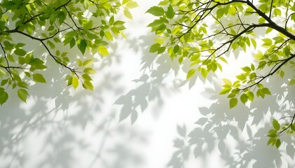 Obraz premium Bright green leaves and branches casting shadows on a white wall in a natural light setting