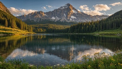 Tranquil Mountain Lake Surrounded by Colorful Wildflowers in Summer