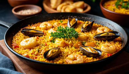 .Paella dish on the table, generated by AI