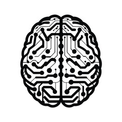 Human Brain Circuit Board in Black and White, Cerebral Schematic, Isolated on White