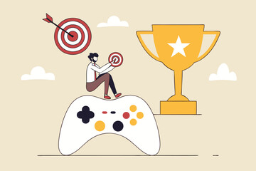 Gamification, marketing strategy for customer to achieve target and win the prize, reward or challenge to keep customer engagement concept, man with computer laptop on game joystick with trophy award.