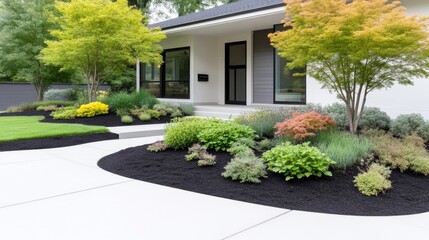 Fototapeta premium Modern home exterior with manicured landscaping. Well-maintained lawn, colorful shrubs and trees, and black mulch. Stylish curb appeal
