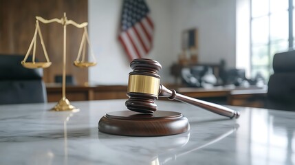 A close-up view of a judge's gavel on a marble table in a courtroom with legal scales and an American flag in the background