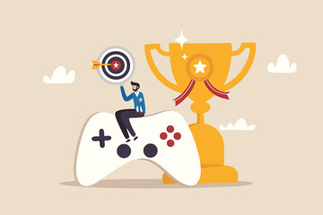 Gamification, marketing strategy for customer to achieve target and win the prize, reward or challenge to keep customer engagement concept, man with computer laptop on game joystick with trophy award.
