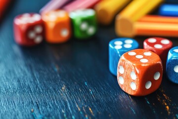 Colorful Dice on Dark Wood
