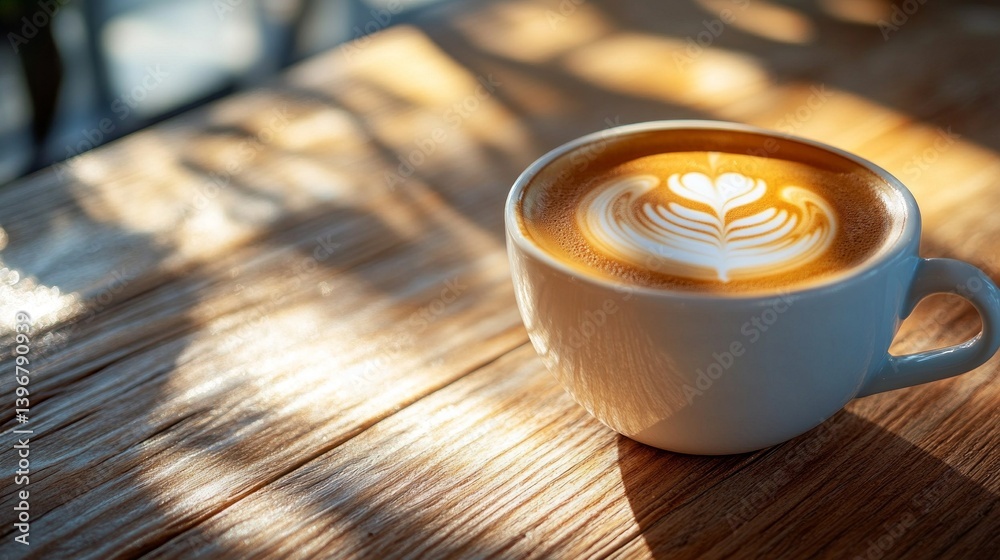 Poster a steaming cup of coffee sits on a wooden table, adorned with delicate latte art that resembles a he