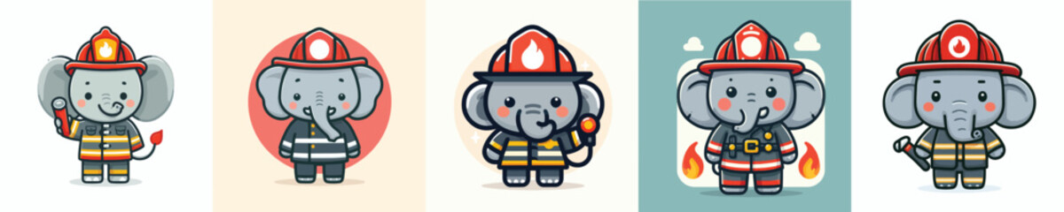 Obraz premium collection of cute and adorable elephant vectors wearing firefighter suits