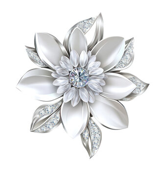 Elegant silver flower brooch with diamond accents, set against a clean background, ideal for jewelry promotions