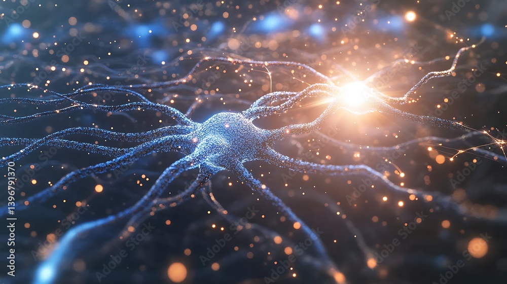 Poster close-up view of interconnected neurons with glowing synapses, showcasing neural activity in a digit