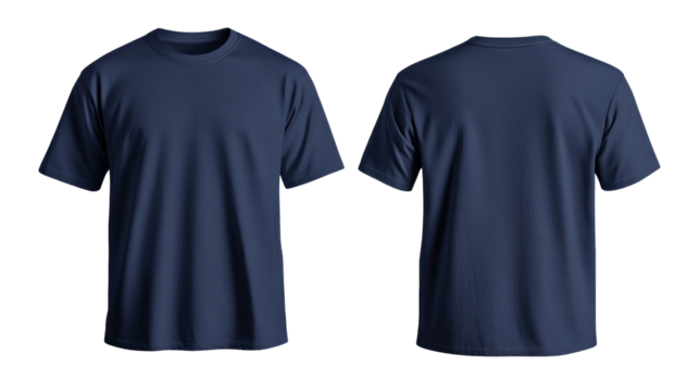 Plain navy blue t-shirt displayed from front and back, showcasing its design and fit, suitable for casual wear or branding