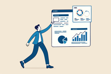 Self-service software or application to help users get results themselves, online help or assistance, resource management, or an electronic automated report co businessman using self-service software.