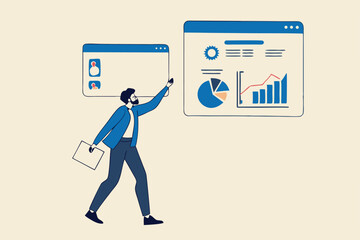 Self-service software or application to help users get results themselves, online help or assistance, resource management, or an electronic automated report co businessman using self-service software.