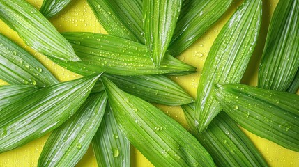 Obraz premium Fresh vibrant green leaves with water droplets on a yellow background