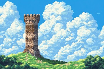 A pixel art depiction of a weathered stone tower on a hilltop under a vibrant sky.
