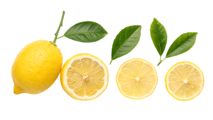 Fresh lemon slices with leaves on transparent background