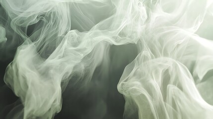 Ethereal wisps of smoke gracefully swirling against a soft green background, creating a tranquil atmosphere