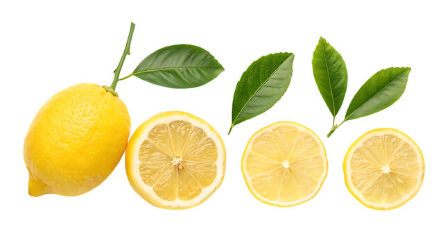 Fresh lemon slices with leaves on transparent background