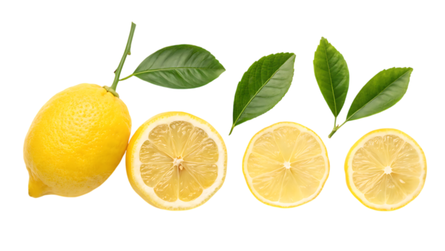 Fresh lemon slices with leaves on transparent background