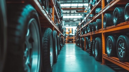 Fototapeta premium Warehouse filled with stacked tires, showcasing organized storage and a busy background