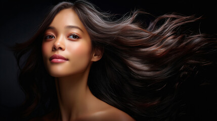 Fototapeta premium 黒の背景に若いアジア人女性の躍動感のある輝く髪の毛
