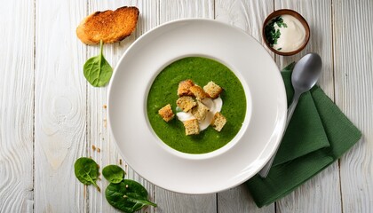 Top view of spinach soup on a white plate with spinach, croutons and creme fraiche on white wooden table. Generated image