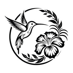 Elegant Silhouette Hummingbird Flying Near Hibiscus Flower & Branches in a Circle