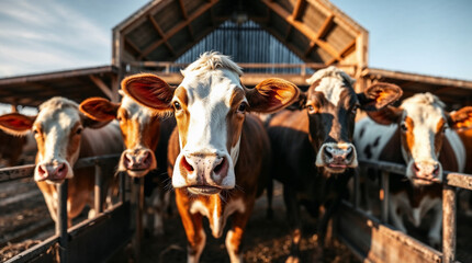 Group of cows on a livestock farm with barn on background