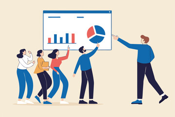 Staff training, seminar or workshop to learn new skills, coaching or team discussion, business course, meeting or briefing concept, smart businessman coaching with presentation to company employees.