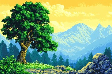 Obraz premium A pixelated landscape of a large tree in a mountain valley at dawn.