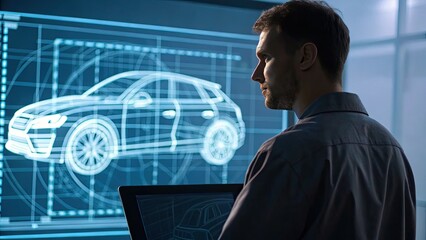 Autonomous Systems Safety Control concept, A designer analyzes a digital blueprint of a car on a screen in a modern workspace.