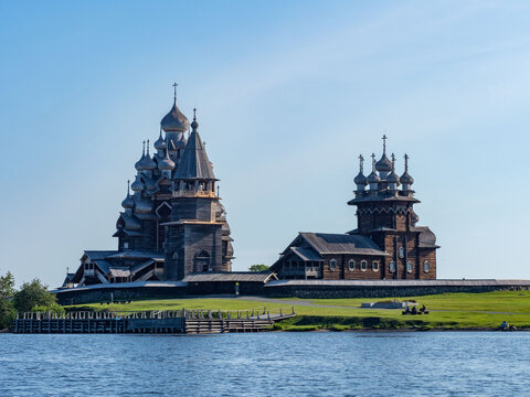 View from Lake Onega of the main architectural ensemble with the Church of the Transfiguration of the Lord in the architectural museum-reserve on Kizhi Island in Karelia in northwestern Russia