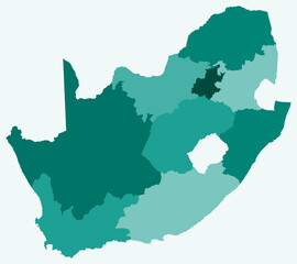 Map of South Africa with regions. Just a simple country border map with region division. Teal color palette. Flat South Africa shape with administrative division. Vector illustration.