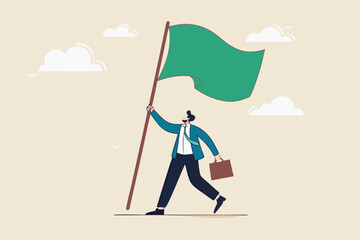 Business victory, mission accomplishment or success achievement, leadership or triumph to win competition, challenge concept, success businessman raising winning flag with triumph and proud.