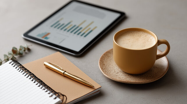 Working Moment: A top-down view of an office desk, where a steaming coffee cup sits beside an open notebook with a pen, and a tablet displaying financial charts. a place for rest and focused work.