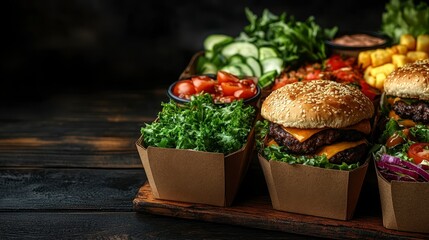 Burgers and sides served in boxes, arranged on wood, dark background