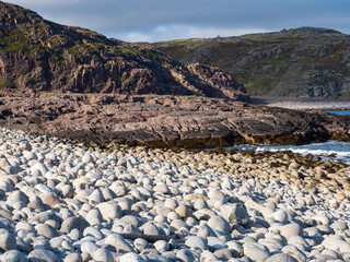 Round stones on the Dragon's Eggs beach in Teriberka, on the Barents Sea in the Murmansk region of...