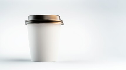 White coffee cup with a brown lid sits on a white background. The cup is empty and has a lid on top