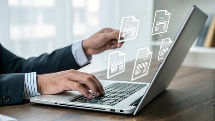 Document Review and Quality Control Process. businessman using laptop, document review and quality control process with digital icons checklist verification, approval, and performance tracking. QC,ISO