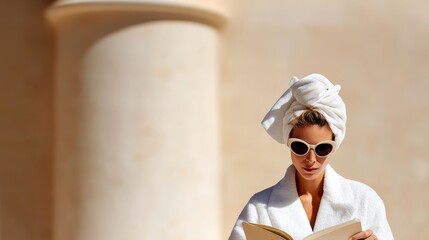 Woman wearing a towel and sunglasses is reading a book. The scene is set in a sunny location, with a white building in the background. The woman is enjoying her time reading