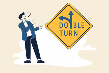 Decision to choose pathway, alternative or choice, deciding career path, determination or thinking to find solution concept, contemplation businessman thinking which way to go on folk road sign.